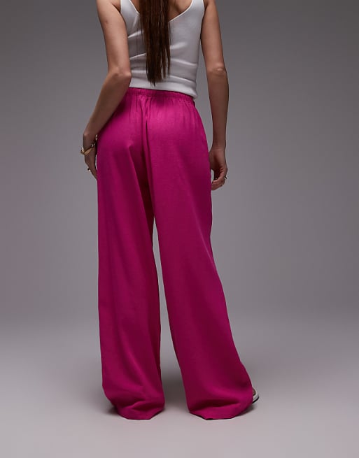 Topshop Linen Straight Leg Trouser In Hot Pink