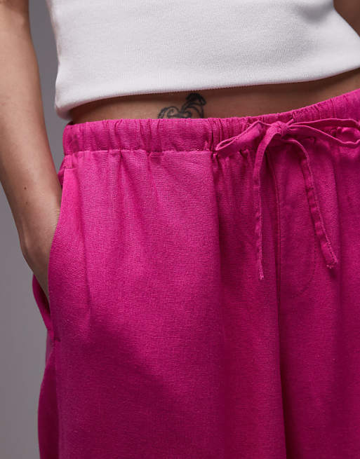 Topshop Linen Straight Leg Trouser In Hot Pink
