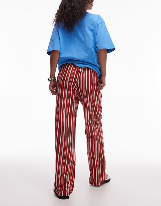 Topshop Linen Straight Trouser In Red And White Stripe