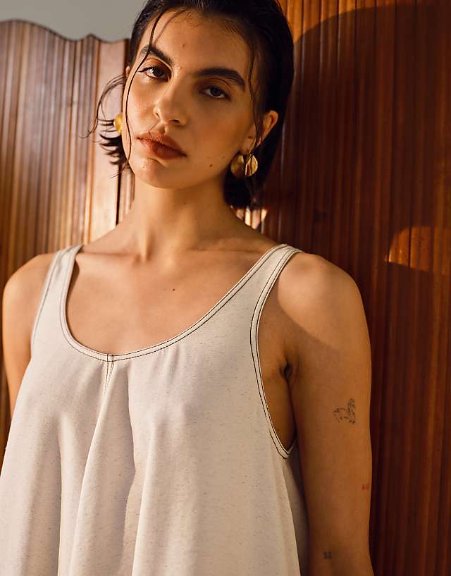 Topshop Linen Trapeze Mini Dress With Deep Hem In Natural With Contrast Stitch