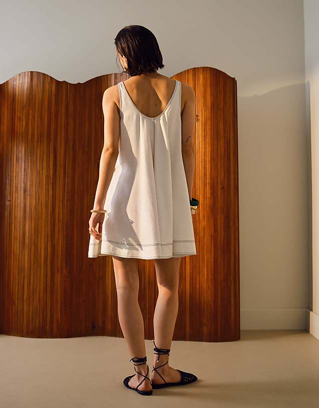 Topshop Linen Trapeze Mini Dress With Deep Hem In Natural With Contrast Stitch