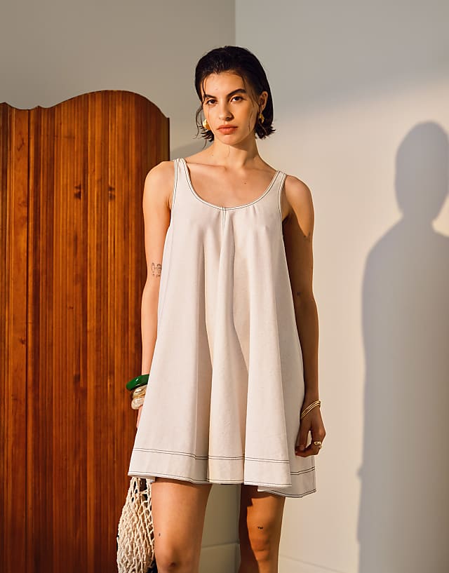 Topshop Linen Trapeze Mini Dress With Deep Hem In Natural With Contrast Stitch