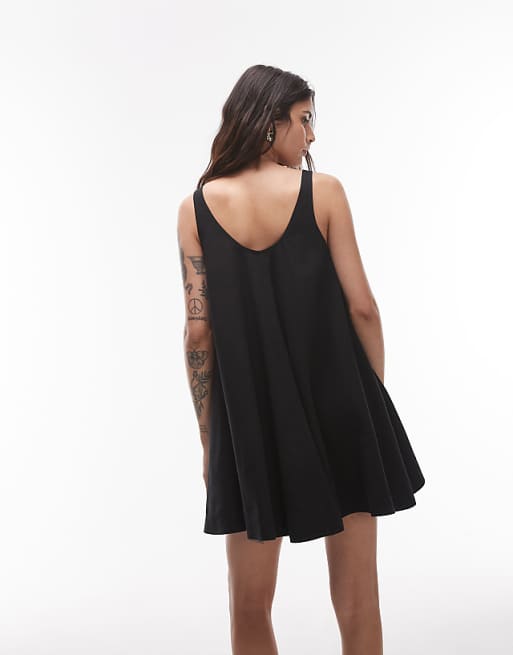 Topshop Linen Trapeze Swing Mini Dress In Black