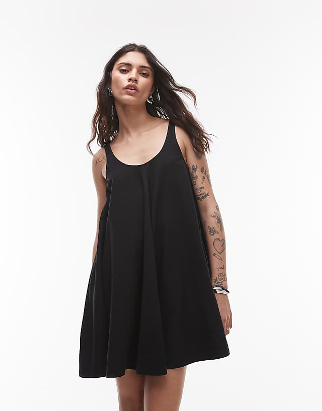 Topshop Linen Trapeze Swing Mini Dress In Black