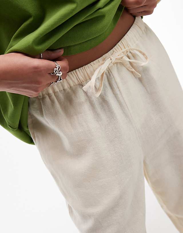 Topshop Mid Rise Linen Awkward Length Trouser In Buttermilk