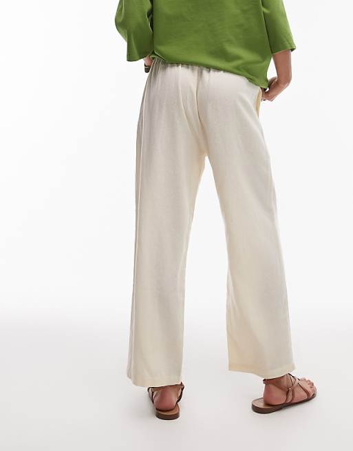 Topshop Mid Rise Linen Awkward Length Trouser In Buttermilk