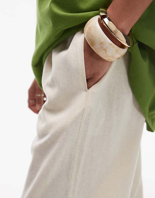 Topshop Mid Rise Linen Awkward Length Trouser In Buttermilk