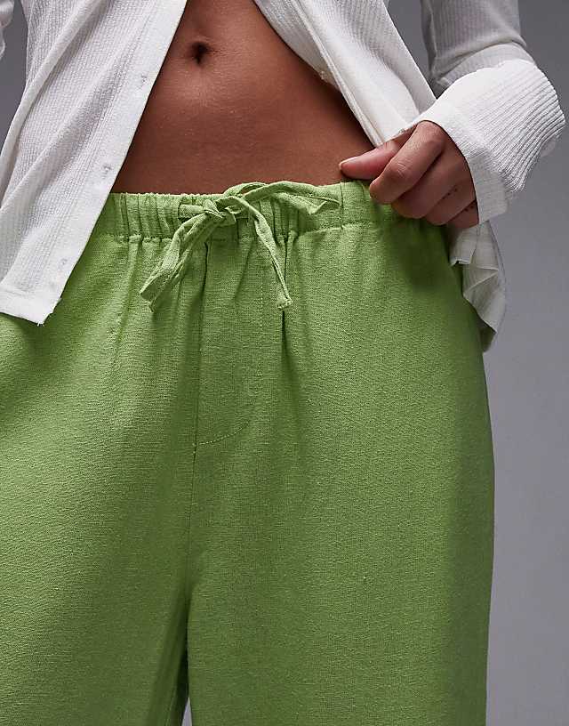 Topshop Mid Rise Linen Awkward Length Trouser In Green