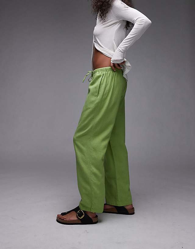 Topshop Mid Rise Linen Awkward Length Trouser In Green