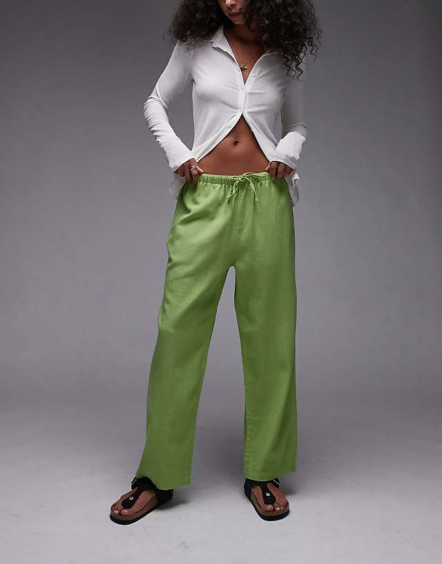 Topshop mid rise linen awkward length trouser in green