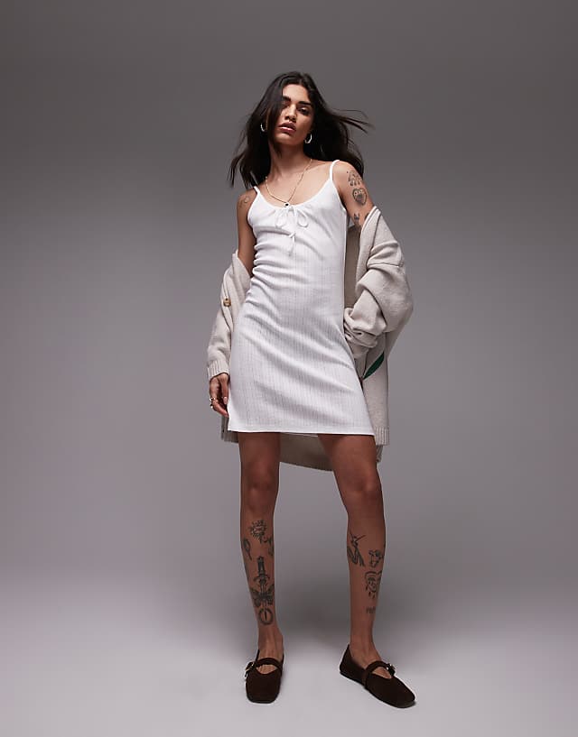 Topshop Pointelle Tie Front Mini Dress In White