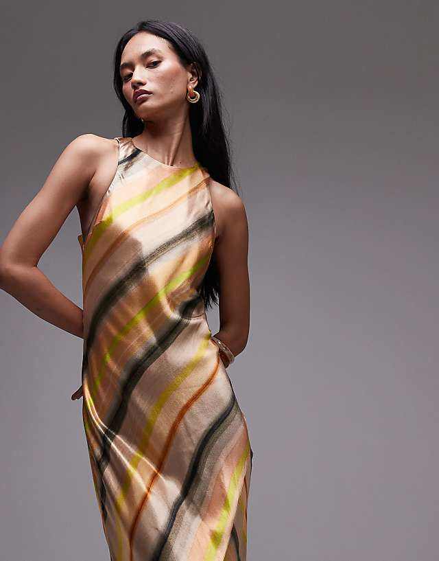 Topshop Racer Neck Satin Bias Maxi Dress In Ombre Stripe