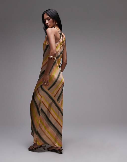 Topshop Racer Neck Satin Bias Maxi Dress In Ombre Stripe