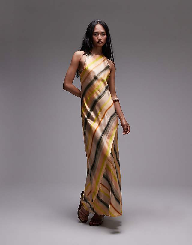 Topshop racer neck satin bias maxi dress in ombre stripe