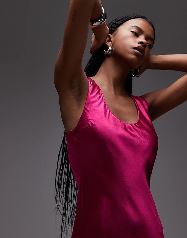 Topshop Racer Neck Satin Bias Maxi Dress In Pink