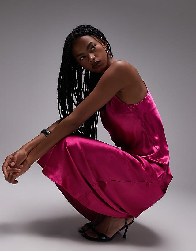 Topshop Racer Neck Satin Bias Maxi Dress In Pink