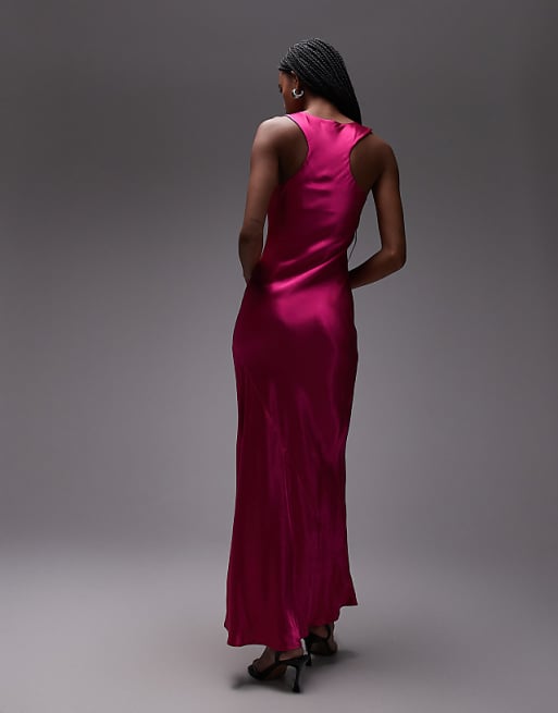 Topshop Racer Neck Satin Bias Maxi Dress In Pink
