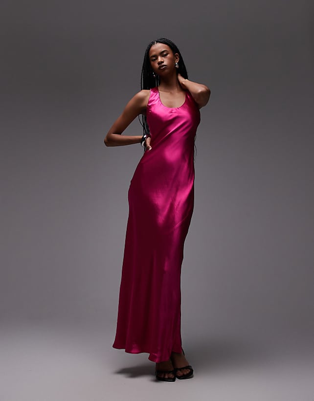 Topshop racer neck satin bias maxi dress in pink