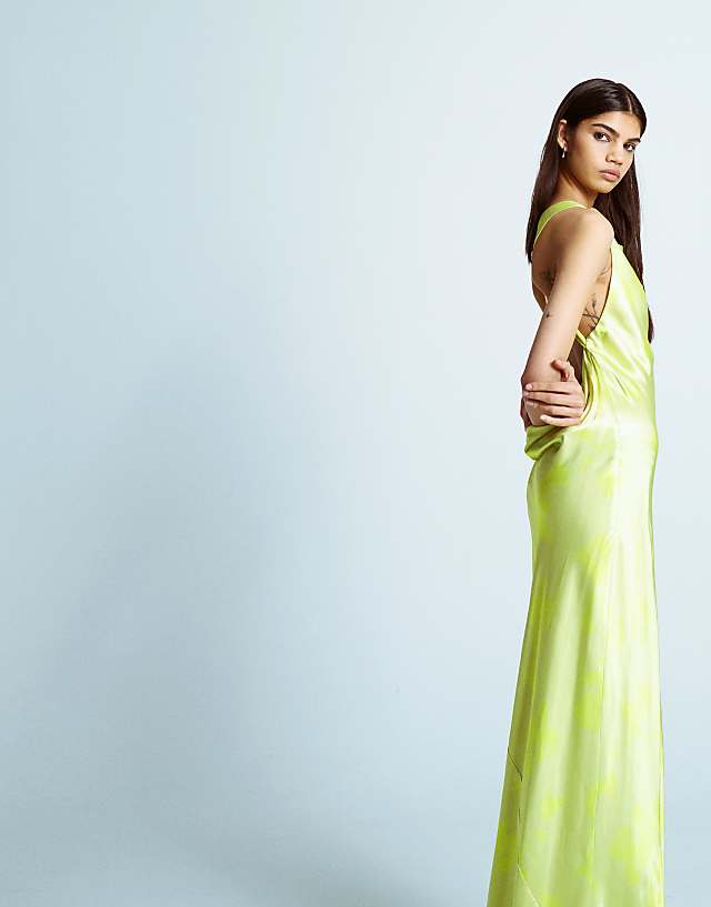 Topshop Racer Neck With Dropped Cowl Back In Lime Floral