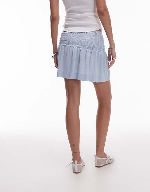 Topshop Shirred Linen Mini Skirt In Light Blue