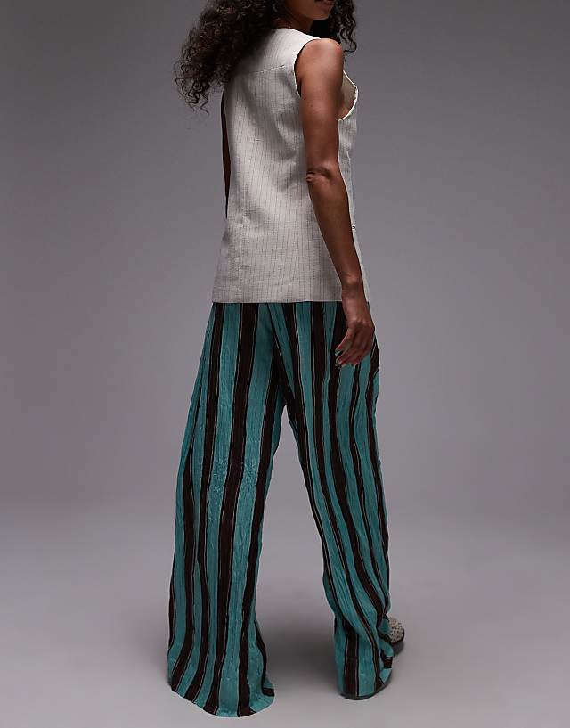 Topshop Stripe Crinkle Wide Leg Trousers In Blue And Brown