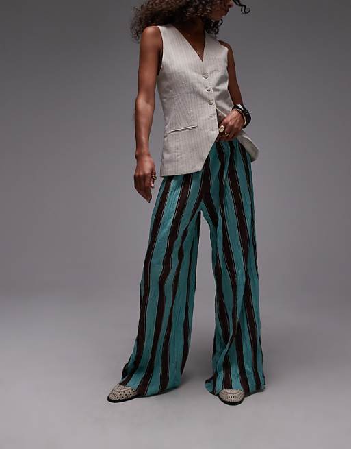 Topshop Stripe Crinkle Wide Leg Trousers In Blue And Brown