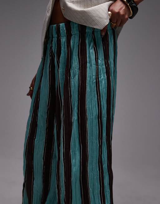 Topshop Stripe Crinkle Wide Leg Trousers In Blue And Brown