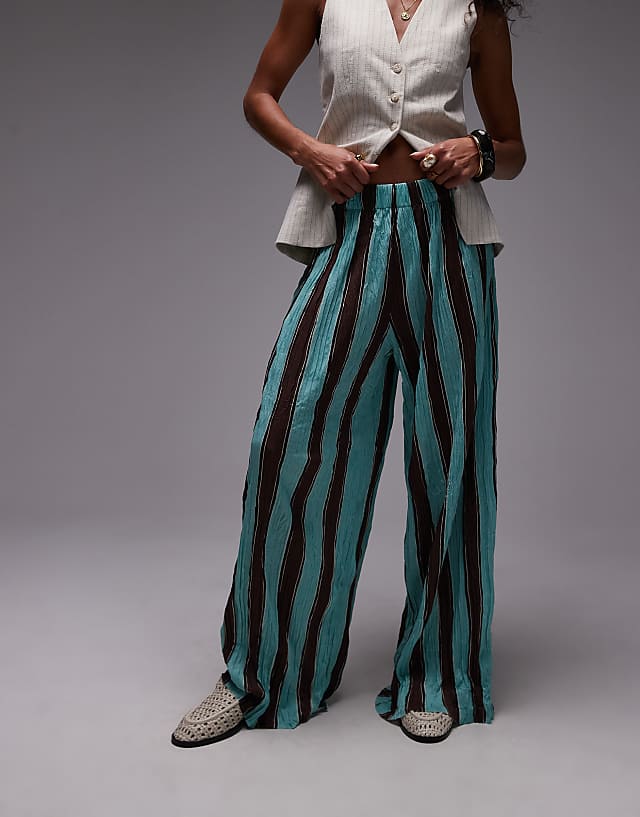 Topshop Stripe Crinkle Wide Leg Trousers In Blue And Brown