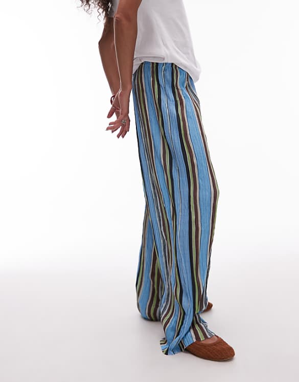 Topshop Stripe Crinkle Wide Leg Trousers In Multi