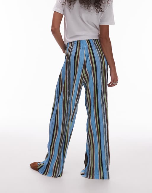 Topshop Stripe Crinkle Wide Leg Trousers In Multi