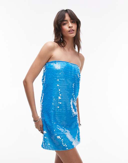 Topshop summer sequin bandeau dress in bright blue