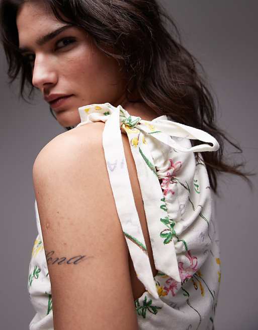 Topshop Tie Shoulder Linen Mini Dress In Flower Head Print