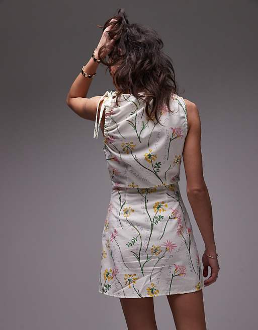 Topshop Tie Shoulder Linen Mini Dress In Flower Head Print