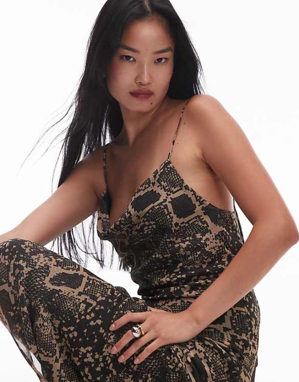 Topshop Twist Back Cowl Neck Midi Slip In Snake Print