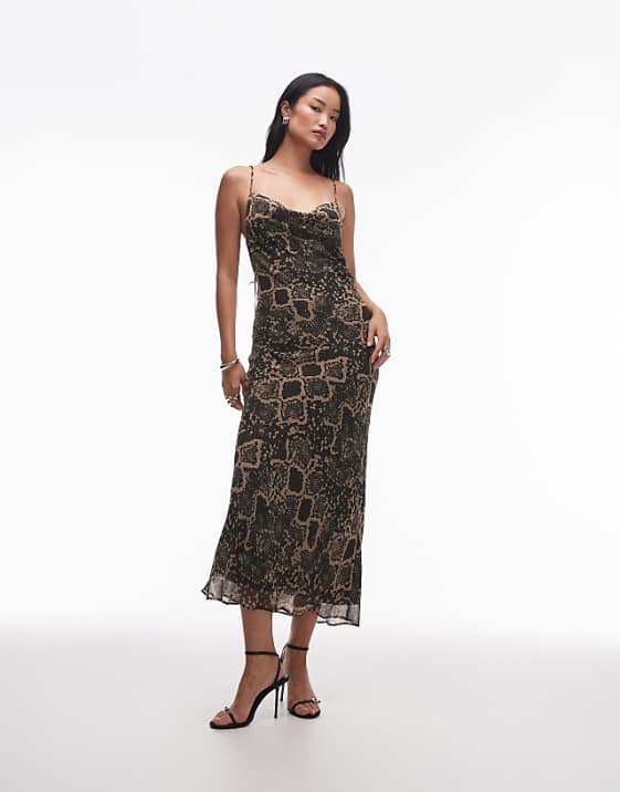 Topshop twist back cowl neck midi slip in snake print