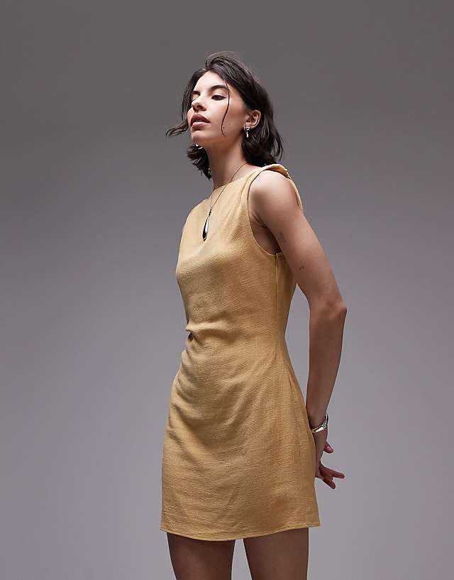 Topshop twist shoulder linen mini dress in buttermilk
