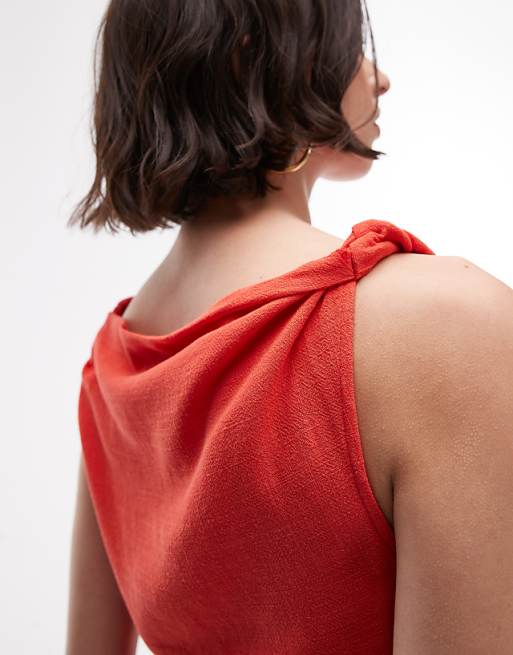 Topshop Twist Shoulder Mini Linen Dress In Red