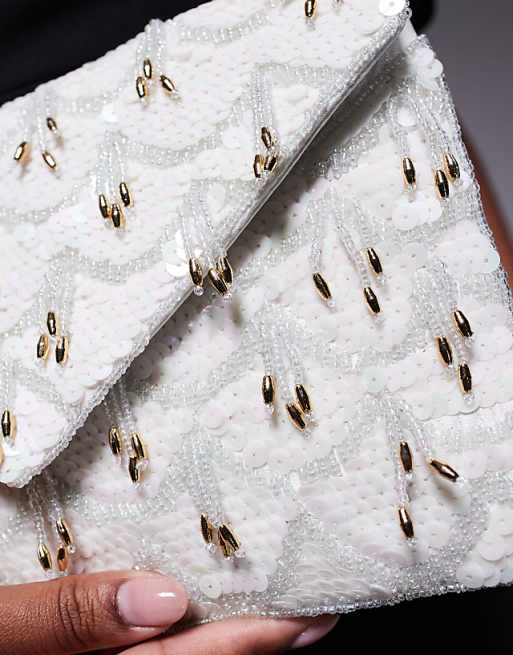 True Decadence 3D Embellished Envelope Clutch Bag With Crossbody Strap In White And Silver