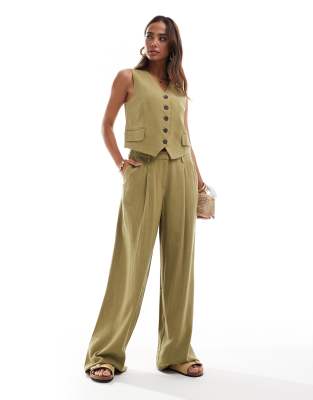 Vero Moda Linen Touch Waistcoat And Pleat Front Trouser Co-ord In Olive