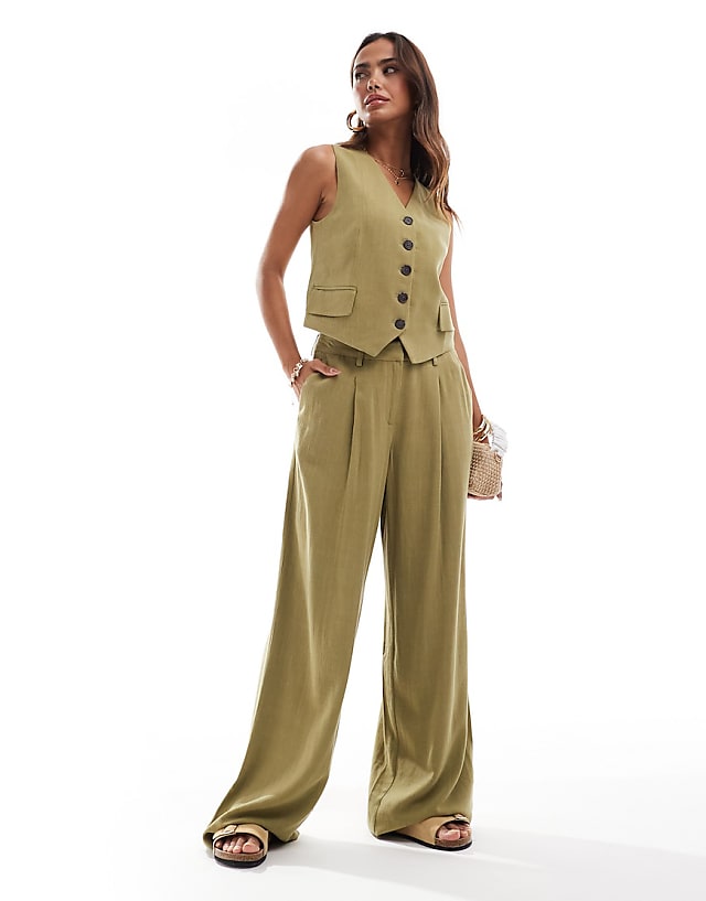 Vero Moda linen touch waistcoat and pleat front trouser co-ord in olive