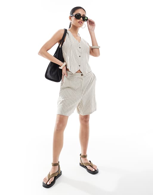 Vero Moda linen touch waistcoat and short co-ord in stone stripe