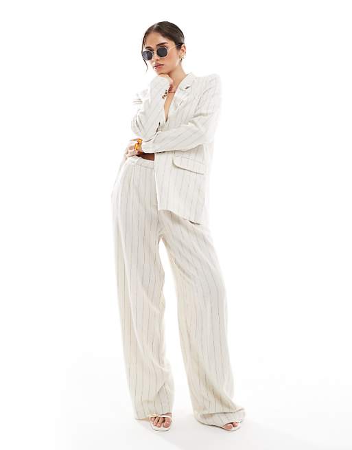 Vero Moda Mix And Match Linen Touch Oversized Tailoring Set In Oatmeal Stripe