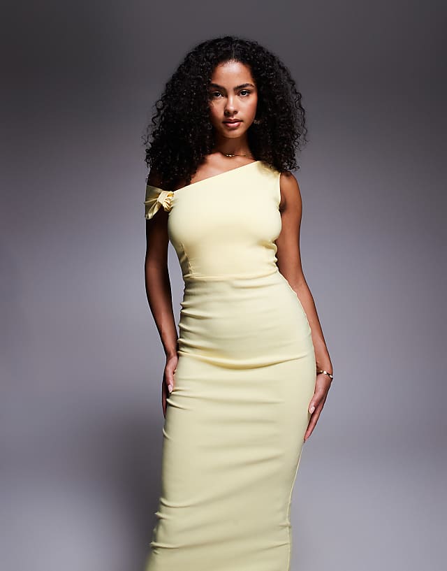 Vesper Bengaline One Shoulder Knot Detail Maxi Bodycon Dress In Yellow