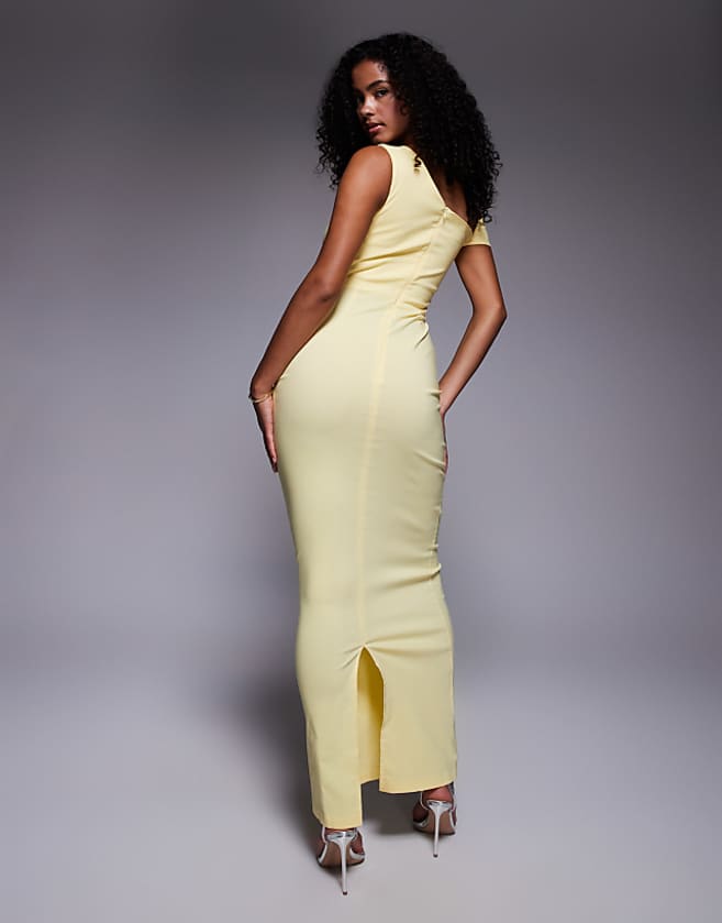 Vesper Bengaline One Shoulder Knot Detail Maxi Bodycon Dress In Yellow