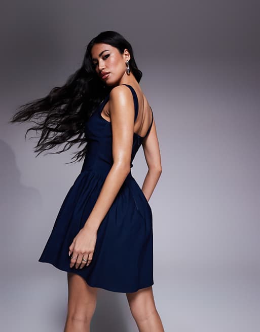 Vesper Bengaline Square Neck Skater Mini Dress In Navy