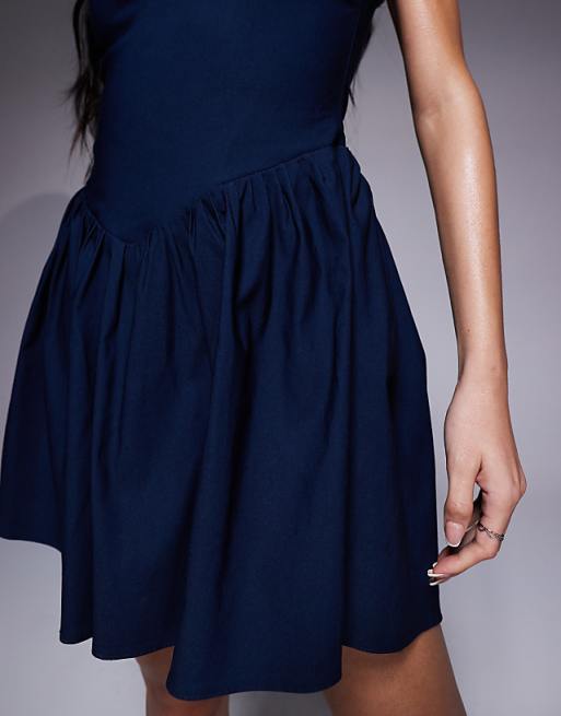 Vesper Bengaline Square Neck Skater Mini Dress In Navy