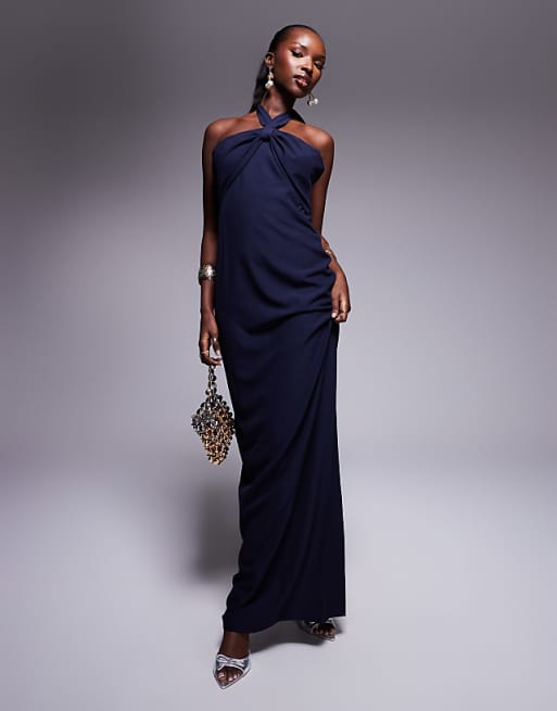 Vesper Halterneck maxi dress with bow in navy in navy