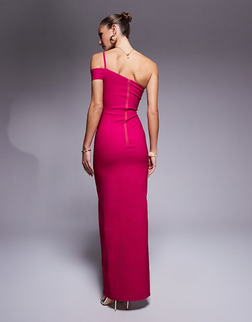 Vesper One Shoulder Maxi Dress With Fold Over Band In Cerise