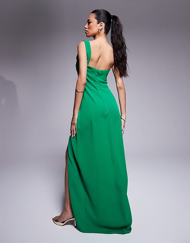 Vesper One Shoulder Maxi Dress With Thigh Split In Bright Green