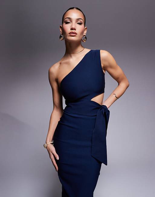 Vesper One Shoulder Midaxi Dress With Belt In Navy